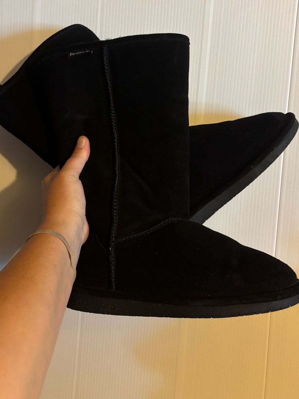 BEARPAW Emma Tall Black Suede Shearling Fur Lined Winter Boots Size 8